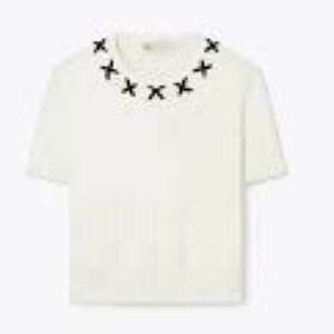 Tory Burch Crewneck Short Sleeved Sweater Embroidered Cream Black Size XL
